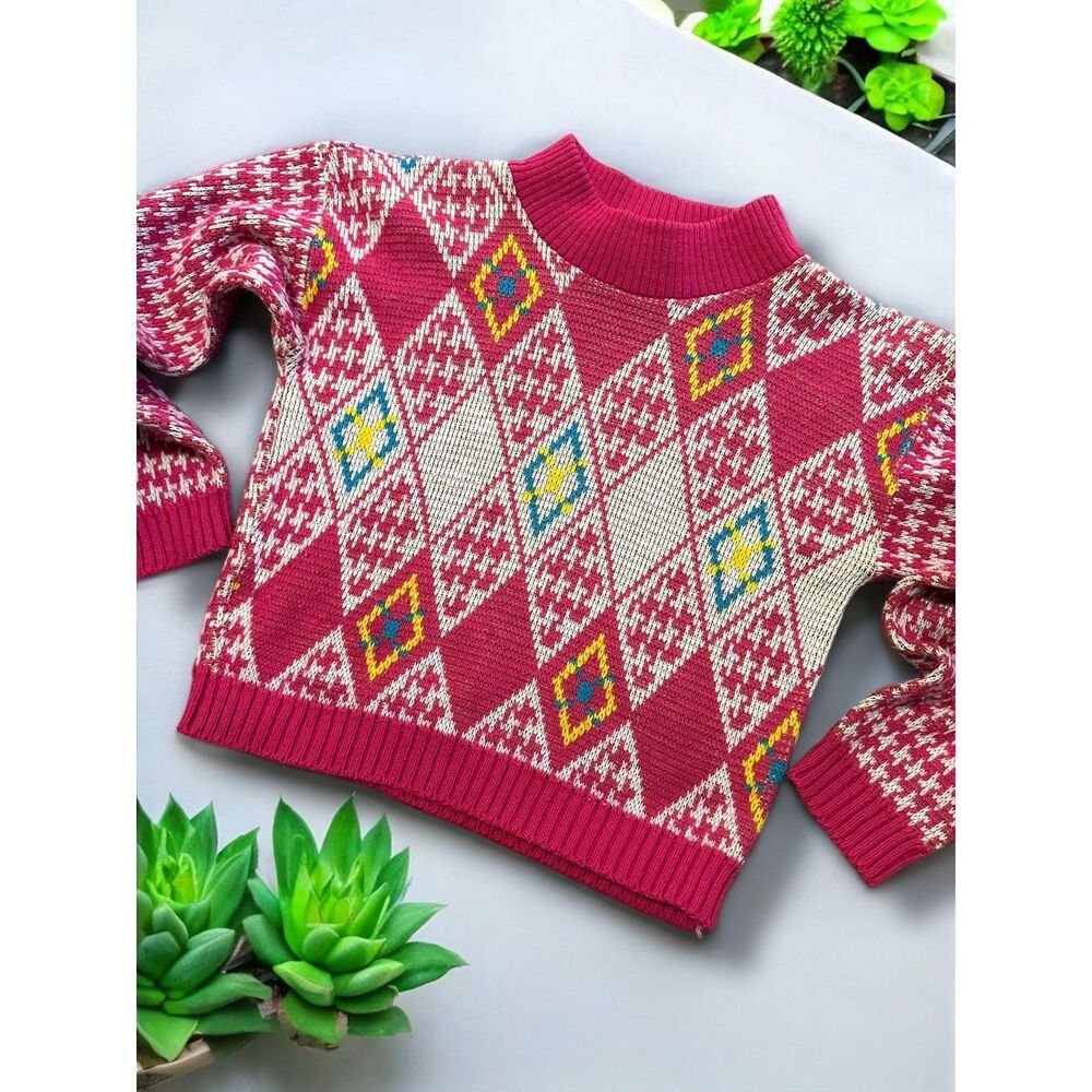 Vintage Grand Knitwear Pink Pattern Houndstooth Sweater Kids Made In USA 4/5